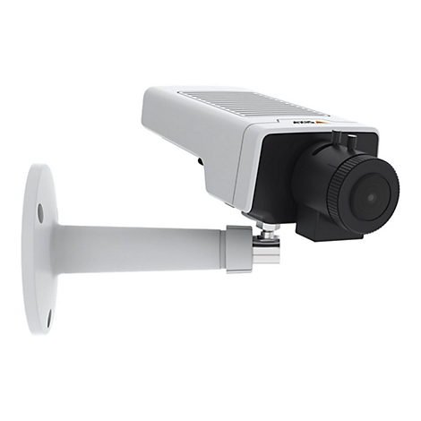 Caméra de surveillance blanche et noire sur fond blanc. La caméra est fixée à un support.
