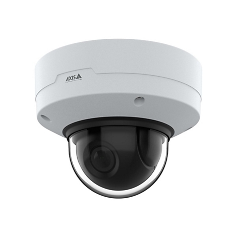 Caméra blanche avec dôme noir, logo AXIS.
