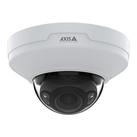 Une caméra de surveillance AXIS blanche avec un dôme noir, isolée sur fond blanc.