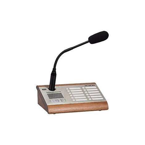 Ein Tischmikrofon mit Schwanenhals, schwarzem Mikrofonkopf und Bedienelementen auf einem Holzsockel.
