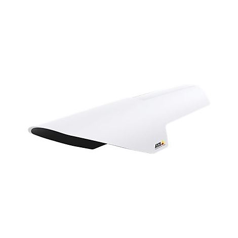 Boîtier blanc et allongé avec sortie noire. Logo AXIS jaune.