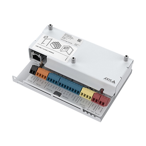 Ein graues elektronisches Gerät mit farbigen Steckern, beschriftet mit "AXIS COMMUNICATIONS".