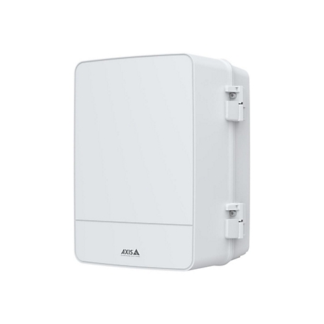 Weißes, rechteckiges Gerät mit abgerundeten Ecken und dem Logo "Axis Communications". An der Seite befinden sich zwei Verschlüsse.