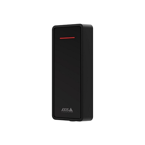Schwarzes rechteckiges Gerät mit roter Linie oben. Logo von Axis Communications unten.