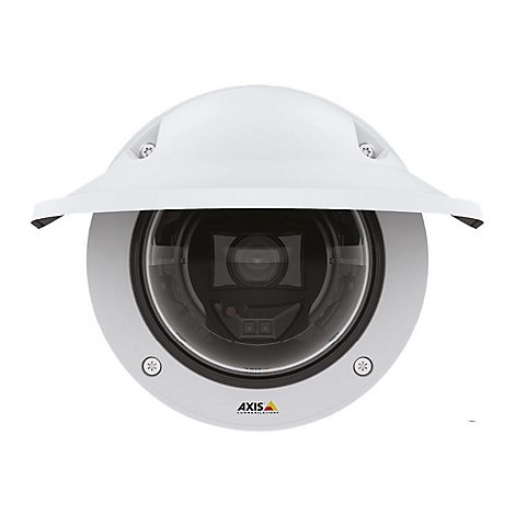 Weiße Überwachungskamera, halbrund mit Sonnenschutz, schwarzer Linsenbereich. Logo "AXIS COMMUNICATIONS".