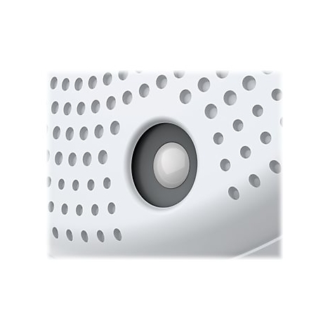 Nahaufnahme einer weißen, perforierten Oberfläche mit einem runden Sensor oder Lautsprecher in der Mitte.