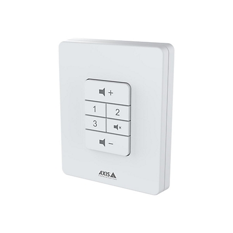 Panneau de commande rectangulaire blanc avec boutons pour le volume, les chiffres 1, 2, 3 et des symboles. Logo Axis Communications.