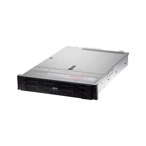 Ein grauer Server vor weißem Hintergrund. Schwarze Front mit AXIS-Logo.