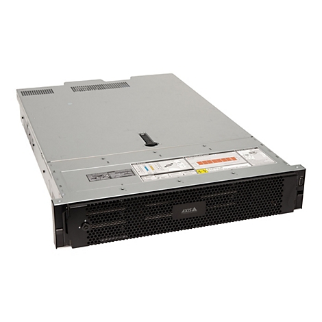 Ein Server-Rack in Grau und Schwarz steht vor weißem Hintergrund. Auf der Vorderseite befindet sich ein Lochmuster. Auf der Oberseite sind Belüftungsschlitze.