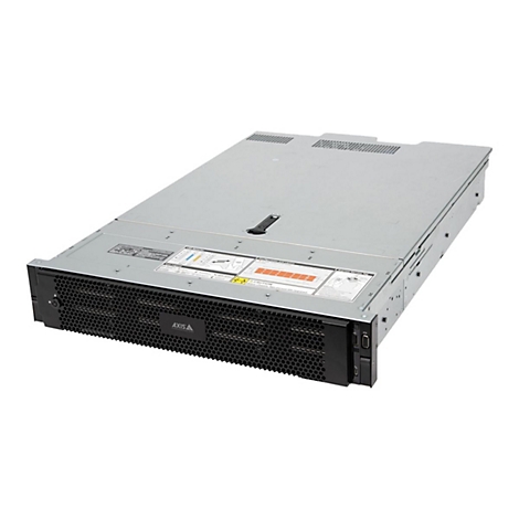 Ein graues Rack-Server-Gehäuse mit schwarzer Frontplatte und AXIS-Logo. Warnhinweise sind auf der Oberfläche angebracht.