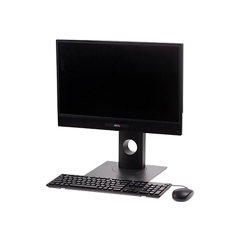 Schwarzer All-in-One-PC mit Tastatur und Maus. Bildschirm mit AXIS-Logo. Steht auf weißem Hintergrund.