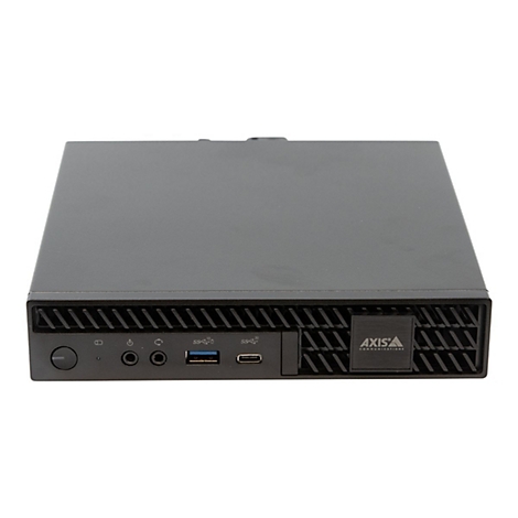 Schwarzer Mini-PC mit Anschlüssen, seitlicher Lüftung und AXIS-Logo.