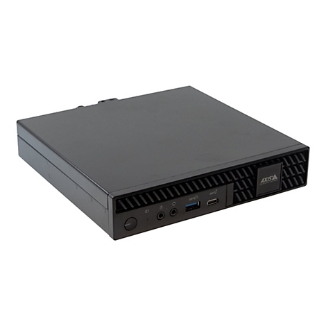 Schwarzer Mini-PC von vorne, mit Anschlüssen, Lüftungsschlitzen und Axis-Logo.