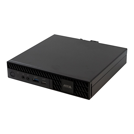 Schwarzer Mini-PC mit Anschlüssen, seitlich Logo von AXIS COMMUNICATIONS.