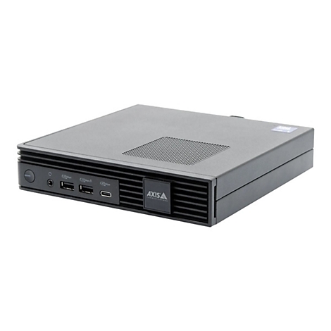 Schwarzer Computer, Frontansicht. Mit Logo, Anschlüssen und Lüftungsschlitzen.