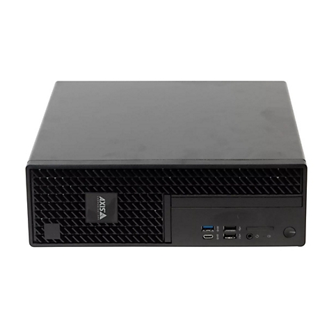 Schwarzer Computer auf weißem Hintergrund. Vorne: USB, Audioeingang, Power-Knopf. Hinten: Lüftungsschlitze.