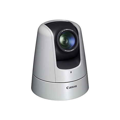 Eine silberne Canon-Kamera mit schwarzem Objektiv und Zoom-Funktion. Aufschrift: Canon Zoom Lens.