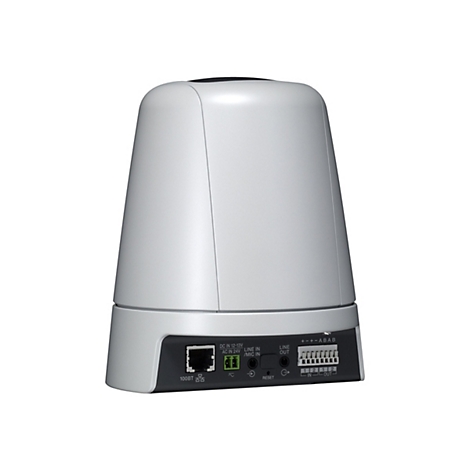 Ein graues elektronisches Gerät mit Anschlüssen, Beschriftungen und Knöpfen. Der Hintergrund ist weiß.