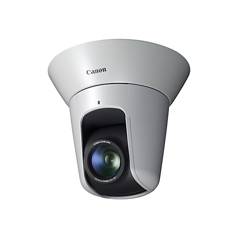 Eine weiße Canon Überwachungskamera. Auf dem Objektiv steht Canon Zoom Lens. Unten steht 20 f:4.7-94mm 1:1.6-3.5.