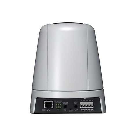 Hellgraues elektronisches Gerät, konisch geformt mit schwarzem Oberteil. Rückseite mit Anschlüssen, Beschriftungen: 100BT, DC IN, AC IN, LINE IN, LINE OUT, RESET.