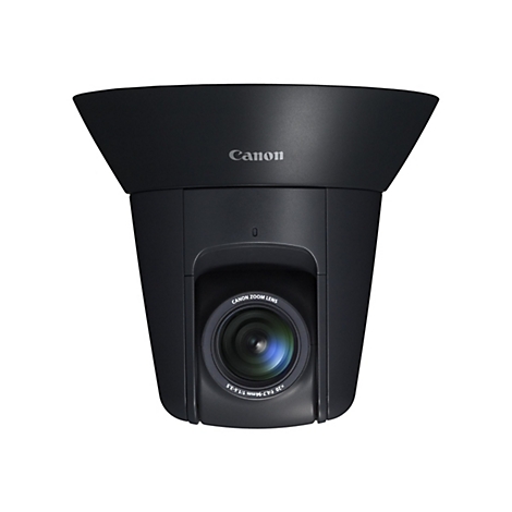 Schwarze Canon Überwachungskamera mit Objektiv und Logo, vor weißem Hintergrund.