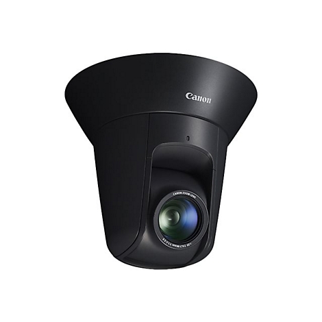 Schwarze Überwachungskamera mit Canon-Logo. Die Kamera hat eine Zoom-Linse und befindet sich vor weißem Hintergrund.