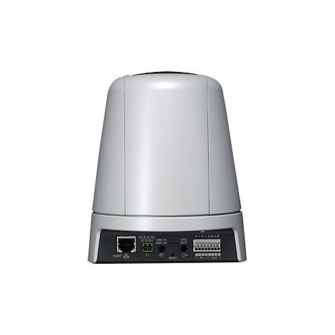 Hellgraues elektronisches Gerät, hinten abgebildet. Mit Anschlüssen und Netzeingang. Oben leicht abgerundet.