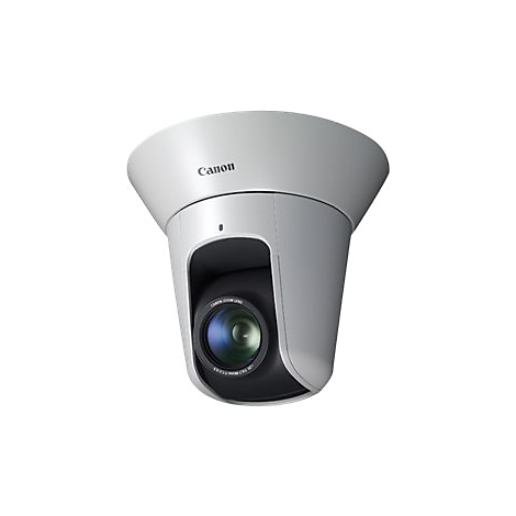 Weiße Überwachungskamera der Marke Canon, Linse und Gehäuse. Der Objektivring trägt Schrift.