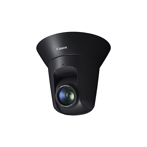 Schwarze Überwachungskamera mit Canon-Logo. Die Kamera hat ein Objektiv und ist vor weißem Hintergrund platziert.