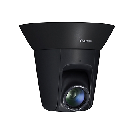 Schwarze Überwachungskamera mit Canon-Logo und Zoom-Objektiv.