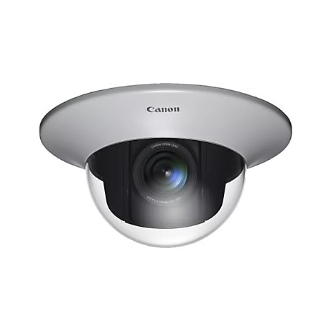 Eine graue Überwachungskamera mit Canon-Logo. Die Linse wird von einer Kuppel geschützt.