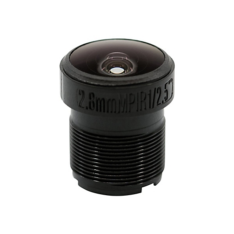 Nahaufnahme einer schwarzen Kameraobjektivlinse mit Beschriftung: 2,8 mm MPIR 1/2,5".