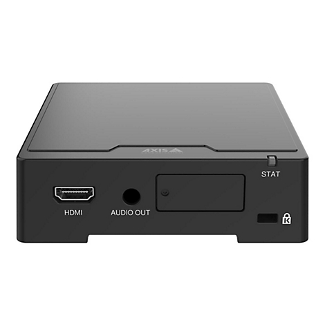 Schwarzes elektronisches Gerät mit HDMI-, Audioausgang, und Stat-Anschlüssen. Logo: Axis Communications.
