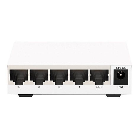 Weißer Netzwerk-Switch mit fünf Anschlüssen, beschriftet 1-4, NET, PWR und 51V DC.