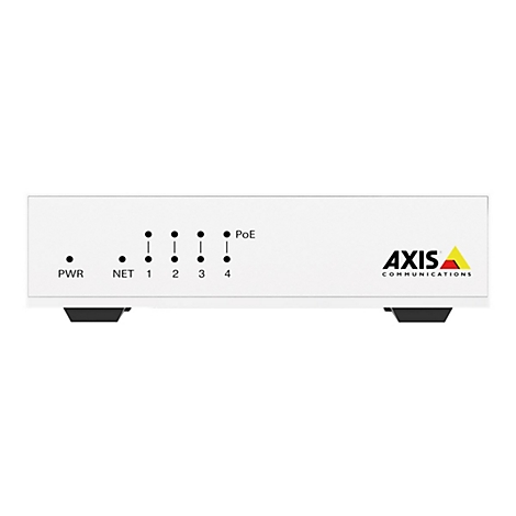 Weißes Netzwerkgerät mit Leuchtanzeigen und "AXIS COMMUNICATIONS" Logo.