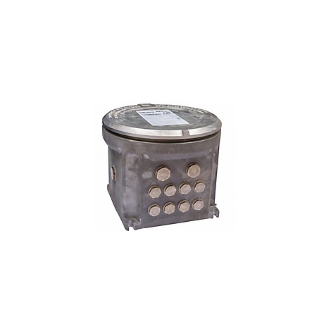 Grauer, quadratischer Metallkasten mit rundem Deckel und Schrauben. Auf dem Deckel befindet sich ein Etikett.