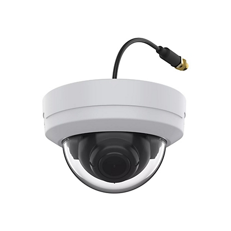 Eine Überwachungskamera mit Kuppeloptik, weißes Gehäuse, transparente Kuppel, schwarzes Objektiv, mit Antennenanschluss.