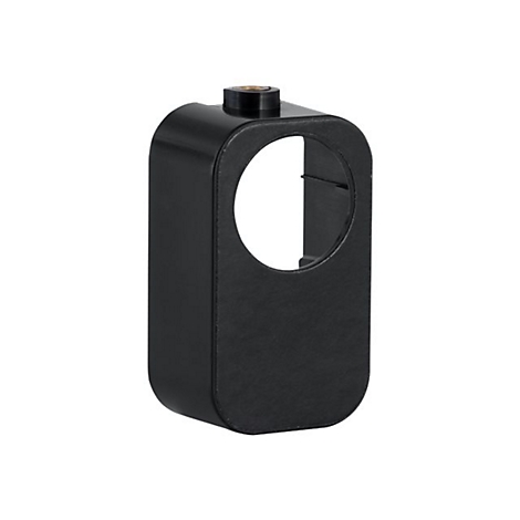 Schwarze, rechteckige Halterung mit rundem Loch und Schraube oben.