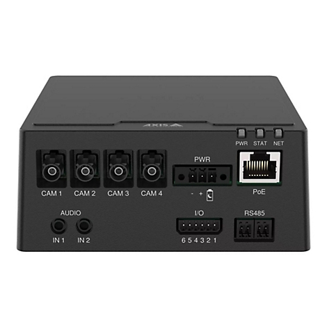 Schwarzes elektronisches Gerät mit Anschlüssen für Kameras, Strom und Netzwerk. Beschriftung: CAM 1-4, PWR, PoE, I/O, RS485.