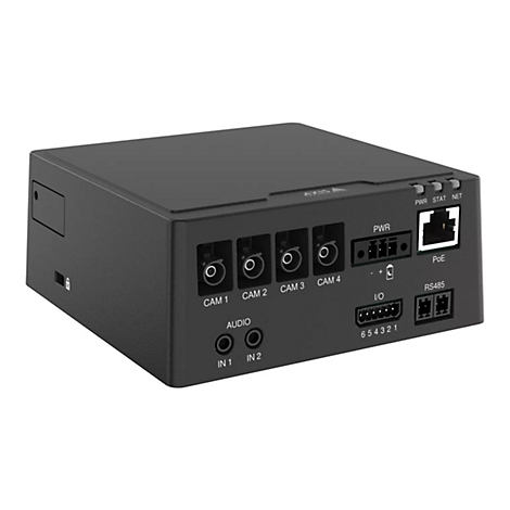Schwarzes elektronisches Gerät mit Anschlüssen für Kameras, Audio, Strom und Netzwerk. Beschriftung: CAM 1-4, AUDIO IN 1+2, PoE, RS485.