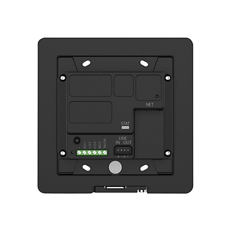Schwarzes quadratisches Gerät mit Anschlussleisten und Beschriftungen wie "NET", "LINE IN OUT" und Anschlüssen.