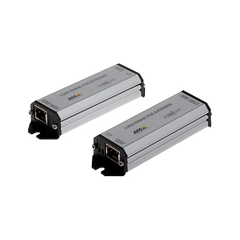 Deux prolongateurs PoE argentÃ©s avec boÃ®tier noir. Inscription : LONG RANGE POE EXTENDER et AXIS.
