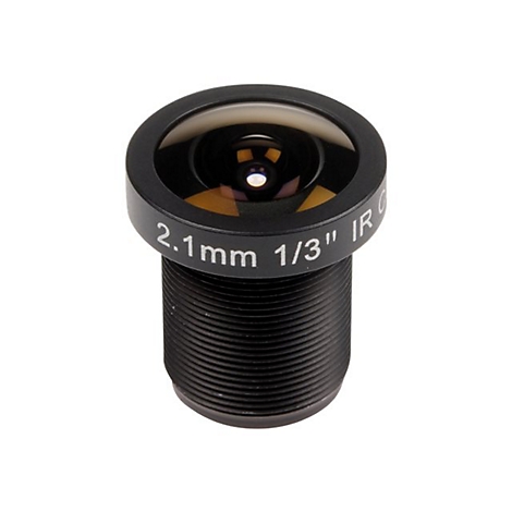 Nahaufnahme einer schwarzen Überwachungskamera-Objektivlinse. Auf der Linse stehen die Angaben 2.1mm 1/3" IR.