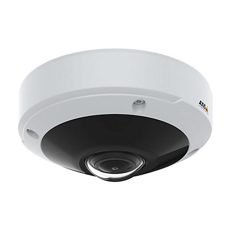 Eine weiße, runde Überwachungskamera, die nach unten zeigt. Schwarze Kuppel mit Objektiv. Der Markenname steht rechts.