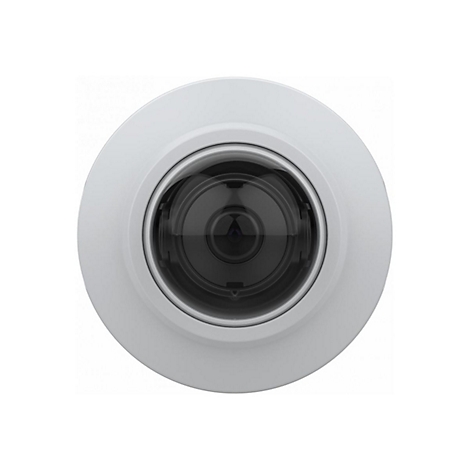 Nahaufnahme einer weißen Überwachungskamera mit schwarzer Linse. Die Kamera ist kreisförmig.