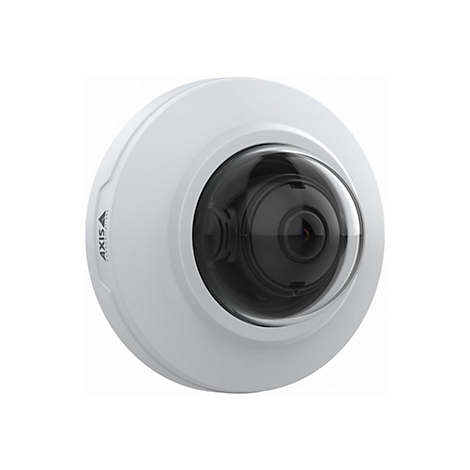 Weiße Überwachungskamera mit schwarzem Objektiv vor weißem Hintergrund. Der Name AXIS ist auf der Seite eingeprägt.
