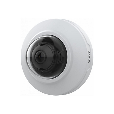 Eine runde, weiße Überwachungskamera mit schwarzem Objektiv, das Logo "AXIS" ist sichtbar.