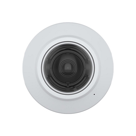 Nahaufnahme einer weißen Überwachungskamera. Die Linse ist dunkel, der Rand weiß.