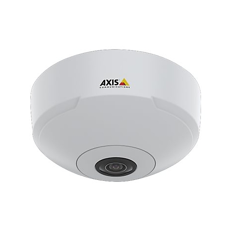 Weiße Überwachungskamera mit schwarzem Objektiv und Logo 'AXIS COMMUNICATIONS'.