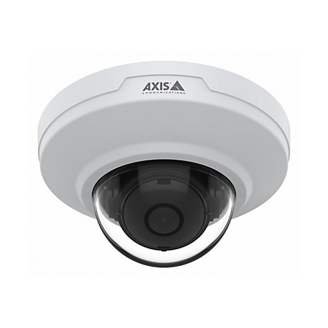 Eine weiße AXIS Überwachungskamera, mit Kuppel. Das Logo und die Aufschrift 'AXIS COMMUNICATIONS' sind sichtbar.